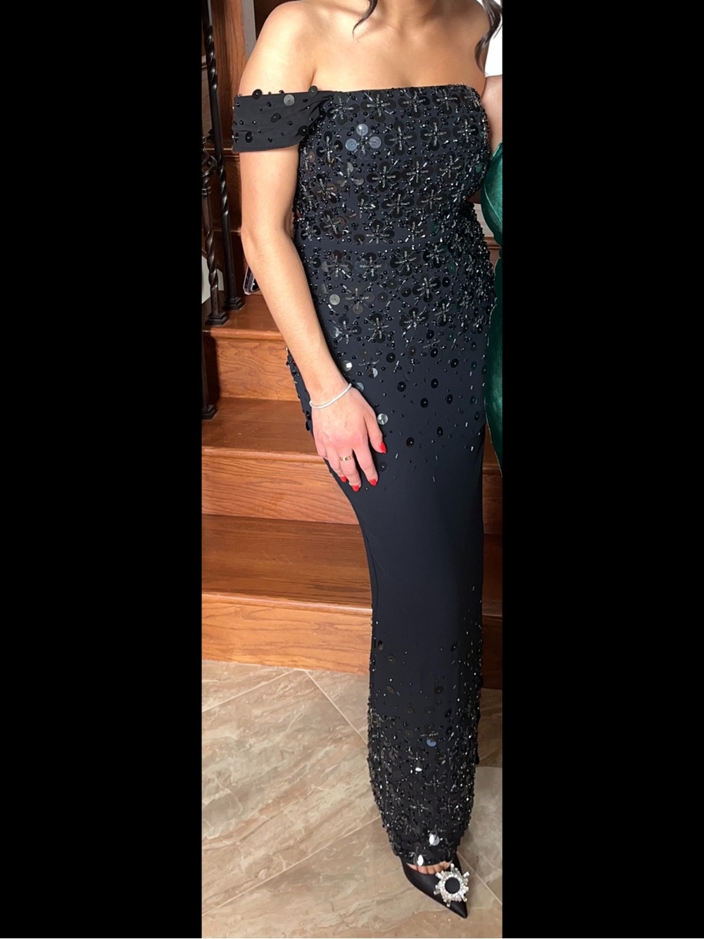 Oh Polly Black One-Shoulder Sequin & Bead Column Gown